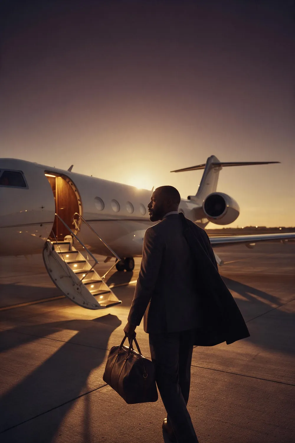 A Black man in a tailored suit walks toward a private jet at last light, airstair lowered and glowing