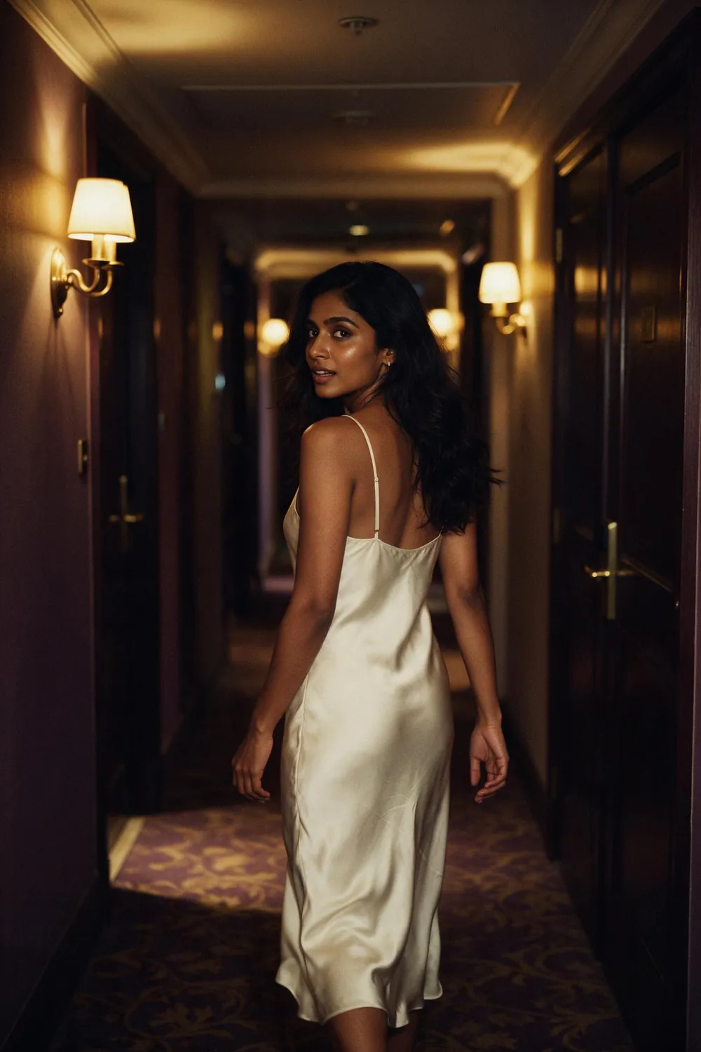 A vertical film frame: a South Asian woman in an ivory satin dress looks back down a dim hotel corridor
