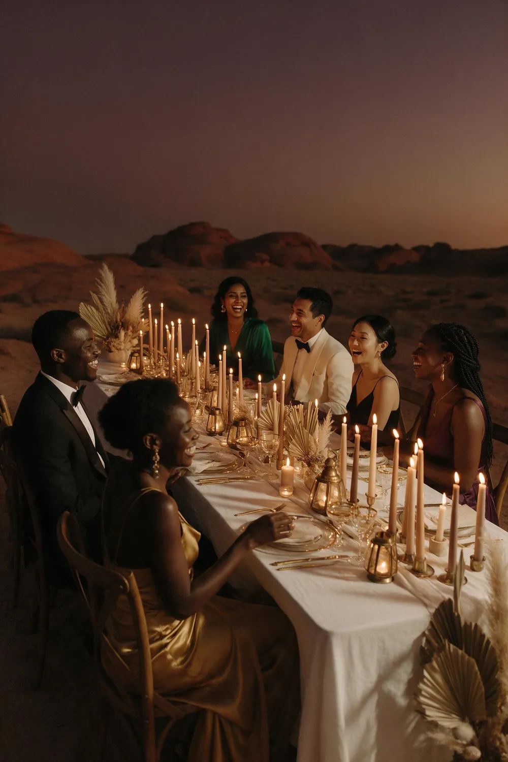 A candlelit dinner in the desert at dusk, Black, South Asian, Latino and East Asian guests in evening wear