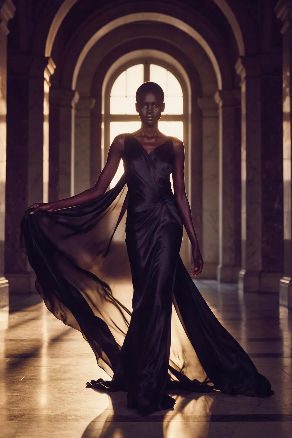A Black model in a black silk couture gown, backlit in gold in a marble hall