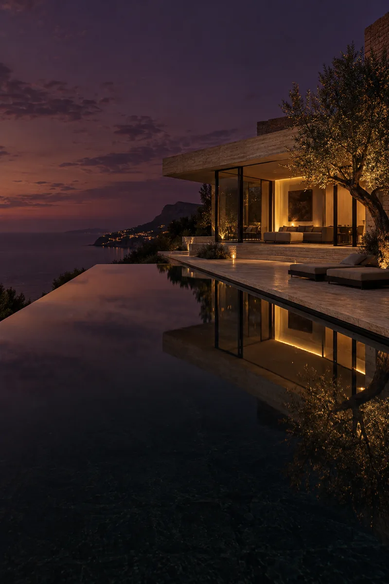 A modernist hillside villa at blue hour reflected in a dark infinity pool